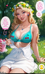 1girl absurdres aroma_sensei bare_shoulders blonde_hair blue_bra blue_eyes blush body_freckles bra breasts buttons cake cleavage clothes_pull collarbone daisy earrings english_text eyeshadow flower food freckles haley_(stardew_valley) head_wreath heart highres jewelry large_breasts lips long_hair makeup necklace open_clothes open_shirt outdoors pulling_own_clothes see-through_clothes sideboob skirt smile solo stardew_valley underwear undressing wavy_hair
