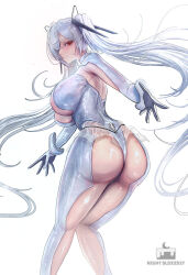 Rule 34 | 1girl, ass, ass focus, blue hair, bodysuit, breasts, cinderella (nikke), from behind, gloves, goddess of victory: nikke, hair ornament, hair over one eye, huge ass, large breasts, leotard, long hair, looking at viewer, looking to the side, night slice527, red eyes, see-through clothes, see-through skirt, sideboob, skirt, smile, solo, thong, thong leotard, twintails, very long hair