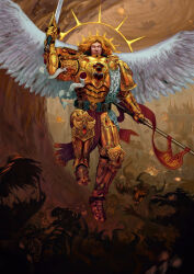 6+boys adeptus_astartes aircraft angel angel_wings armor armor_writing armored_boots banner battle battlefield belt blade_encarmine blonde_hair blood blood_angels boots breastplate chainsword claws commentary couter cuirass deepseaweed demon english_commentary eye_of_horus_(warhammer) eyes_of_horus_(warhammer_40k) firing gauntlets gem gold_armor greaves halo halo_behind_head highres holding holding_chainsword holding_polearm holding_sword holding_weapon imperial_aquila leg_armor leopard_pelt long_hair male_focus military_vehicle motor_vehicle multiple_boys muscle_cuirass ornate_armor outdoors pauldrons pelt pelvic_curtain polearm poleyn power_armor primarch purity_seal reaching red_gemstone rerebrace sanguinius shoulder_armor skeleton skull_ornament solo_focus spear_of_telesto sword tank teardrop-shaped_gem titan_(warhammer_40k) vortex war warhammer_40k weapon white_eyes white_wings wings