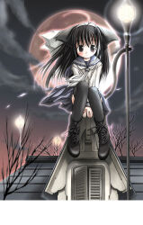 1girl 2000s_(style) animal_ears bad_id bare_tree black_eyes black_hair black_sky black_thighhighs cat_ears cat_girl cat_tail closed_mouth cloud expressionless full_body full_moon grey_hairband grey_sailor_collar hairband lamppost long_hair looking_at_viewer lowres mima_chi moon neckerchief original red_moon rooftop sailor_collar school_uniform serafuku shirt sitting sky solo tail thighhighs tree white_neckerchief white_shirt