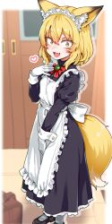 1girl animal_ear_fluff animal_ears apron black_dress black_shoes blonde_hair borrowed_character breasts brown_eyes dress eyebrows_hidden_by_hair fang fox_ears fox_girl fox_tail from_side gloves gosu_mei_(sakifox) hair_between_eyes hand_on_own_chest heart juliet_sleeves loafers long_sleeves looking_at_viewer maid maid_apron maid_headdress medium_hair negationtenmaru open_mouth puffy_sleeves ribbon shoes skin_fang small_breasts smile solo suitcase tail waist_ribbon white_apron white_gloves white_headdress white_ribbon white_wrist_cuffs wrist_cuffs