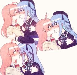 Rule 34 | 2girls, ahoge, bell, black hat, blue hair, blush, cardigan, closed eyes, closed mouth, collared shirt, commentary, ear blush, green eyes, hand on another&#039;s shoulder, hat, highres, hololive, hoshimachi suisei, imminent kiss, kiss, long hair, looking at another, multiple girls, neck bell, one side up, orange eyes, parted lips, pink hair, purple eyes, sakura miko, shirt, simple background, symbol-only commentary, white shirt, yellow background, yellow cardigan, yumi5469, yuri