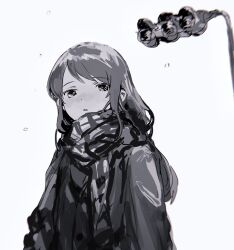 1girl aikatsu! aikatsu!_(series) bad_id bad_twitter_id coat inactive_account long_hair long_sleeves looking_at_viewer monochrome parted_lips plaid_clothes plaid_scarf scarf shibuki_ran simple_background snowing solo suiso_(owp) traffic_light upper_body white_background winter_clothes