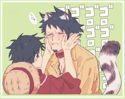 Rule 34 | 2boys, :t, animal ear fluff, animal ears, belt collar, black hair, blush, border, chest tattoo, closed mouth, collar, collared shirt, commentary request, cropped torso, dekaidaikon, facial hair, fang, goatee, hands on another&#039;s face, hat, highres, kemonomimi mode, long sleeves, male focus, monkey d. luffy, multiple boys, nervous sweating, one piece, open collar, red collar, red shirt, shirt, short hair, sideburns, skin fang, snow leopard ears, snow leopard tail, speech bubble, straw hat, sweat, tail, tattoo, trafalgar law, unworn hat, unworn headwear, white border, yellow shirt