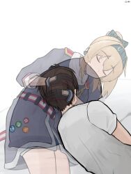 1boy 1girl absurdres artist_name black_gloves black_hair blonde_hair blue_eyes closed_eyes closed_mouth gamryous girls&#039;_frontline gloves hand_on_another&#039;s_head head_on_pillow highres hug illusion long_hair long_sleeves pillow ponytail shirt short_hair short_sleeves sidelocks simple_background sv-98_(girls&#039;_frontline) transparent white_background white_shirt
