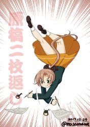 1girl akigumo_(kancolle) black_ribbon brown_hair calligraphy_brush dated emphasis_lines female_focus green_eyes green_shirt hair_ribbon inkwell kantai_collection long_hair masara_(chuujou) nib_pen_(object) paintbrush paper pen ponytail ribbon shirt skirt solo translation_request twitter_username upside-down yellow_skirt