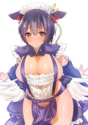 Rule 34 | 1girl, black hair, blush, breasts, cleavage, detached sleeves, female focus, hair ornament, highres, huge breasts, large breasts, looking at viewer, maid headdress, sengoku bushouki muramasa, short hair, simple background, solo, suspenders, torii mototada (sengoku bushouki muramasa), yaman (yamanta lov), yellow eyes