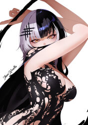 1girl absurdres aou13093 black_cape black_dress black_hair breasts cape character_name chronopattern_dress dress grey_hair highres hololive hololive_english large_breasts looking_at_viewer multicolored_hair shiori_novella simple_background solo split-color_hair two-tone_hair virtual_youtuber white_background yellow_eyes