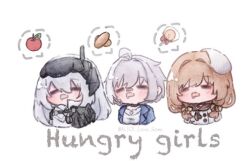 3girls ahoge alice_love_game apple blue_jacket bread bready_(nikke) brown_hair brown_ribbon candy closed_eyes commentary english_text food fruit goddess_of_victory:_nikke grey_hair hair_between_eyes hair_intakes hat jacket lollipop mori_(nikke) muffin_top multicolored_hair multiple_girls open_mouth ribbon sailor_collar saliva saliva_trail snow_white_(nikke) streaked_hair twitter_username visor_lift white_background white_hair