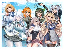 Rule 34 | 6+girls, absurdres, ahoge, american flag, american flag print, american flag skirt, antenna hair, asymmetrical gloves, black capelet, black gloves, black one-piece swimsuit, black skirt, blonde hair, blue gloves, blunt bangs, braid, breasts, brown eyes, brown hair, capelet, censored, cleavage, cleavage cutout, clothing cutout, collared shirt, denim, denim skirt, dress, fingerless gloves, flag print, fur hat, gloves, green eyes, green hair, grey eyes, grey hair, grey overskirt, hair between eyes, hair ornament, hairclip, half gloves, hat, headgear, highleg, highleg one-piece swimsuit, highres, hood, hooded capelet, huge ahoge, kantai collection, katou shinobu, kaya (kancolle), kirov (kancolle), large breasts, long hair, long sleeves, low twin braids, medium breasts, miniskirt, minneapolis (kancolle), mismatched gloves, multiple girls, one-piece swimsuit, ootomari (kancolle), orange hair, pantyhose, papakha, partially fingerless gloves, pencil skirt, pink hair, pleated skirt, print skirt, red gloves, sailor collar, scarf, school uniform, serafuku, shimane maru (kancolle), shirt, short hair, short sleeves, skirt, smile, star censor, sugi (kancolle), super highleg, swimsuit, twin braids, twintails, two-tone gloves, two-tone one-piece swimsuit, very long hair, wahoo (kancolle), wavy hair, white dress, white hat, white one-piece swimsuit, white pantyhose, white scarf
