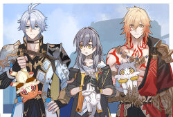 1girl 2boys antenna_hair arm_tattoo armlet armor black_choker black_coat black_gloves black_jacket black_pants black_shirt blonde_hair blue_cape blue_eyes border braid cape chest_tattoo chimera_(honkai:_star_rail) choker clawed_gauntlets coat commentary_request earrings facial_tattoo fingerless_gloves gloves gold_earrings gold_necklace gradient_hair grey_hair hair_between_eyes holding holding_stuffed_toy honkai:_star_rail honkai_(series) jacket jewelry kirinosuke medium_hair multicolored_hair multiple_boys mydei_(honkai:_star_rail) neck_tattoo necklace open_clothes open_coat pants pauldrons phainon_(honkai:_star_rail) red_hair red_tattoo shirt short_hair shoulder_armor side_braid single_glove single_pauldron stelle_(honkai:_star_rail) stuffed_toy tattoo trailblazer_(honkai:_star_rail) white_border white_coat white_hair white_shirt yellow_eyes