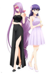bare_shoulders black_dress blank_eyes blindfold cup dress drinking_glass facial_mark fate/stay_night fate_(series) flower forehead_mark hair_flower hair_ornament heaven&#039;s_feel high_heels highres long_hair matou_sakura matou_sakura_(heaven&#039;s_feel) medusa_(fate) medusa_(rider)_(fate) non-web_source purple_dress purple_eyes purple_hair very_long_hair wine_glass