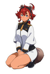 1girl animal_ears asticassia_school_uniform batta_16-sei black_hairband blue_eyes closed_mouth commentary_request gundam gundam_suisei_no_majo hairband highres kemonomimi_mode long_sleeves looking_at_viewer medium_hair raccoon_ears raccoon_tail red_hair school_uniform shirt simple_background smile solo squatting suletta_mercury tail thighs white_background white_shirt