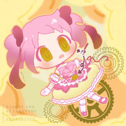 !? 1girl :o ballet_boots bow buttons chibi choker cloud_background commentary dress gears gloves highres kaname_madoka kaname_madoka_(magical_girl) lock mahou_shoujo_madoka_magica mahou_shoujo_madoka_magica:_walpurgis_no_kaiten padlock pink_bow pink_dress pink_hair red_choker red_shoes shoes socks solo twintails user_kuuki_murabito white_gloves white_socks yellow_eyes