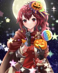 1girl anna_(fire_emblem) anna_(fire_emblem)_(cosplay) anna_(fire_emblem_engage) black_gloves cape cosplay finger_to_cheek fire_emblem fire_emblem_awakening fire_emblem_engage fire_emblem_heroes food-themed_hair_ornament full_moon gloves hair_ornament highres jack-o&#039;-lantern jack-o&#039;-lantern_ornament kakiko210 looking_at_viewer moon night nintendo official_alternate_costume official_art ponytail pump pumpkin_hair_ornament red_cape red_eyes red_hair sky smile star_(sky) star_sticker starry_sky sticker_on_face