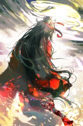Rule 34 | 1boy, aaawwwssslll, absurdres, air current, black hair, blood, blood on hands, blood splatter, bloody weapon, burning, chinese clothes, chinese commentary, dao gui yi xian, embers, facing away, fighting stance, fire, floating hair, from behind, hair bun, hair ribbon, hanfu, highres, holding, holding sword, holding weapon, li huowang, long hair, long sleeves, male focus, messy hair, red ribbon, red robe, ribbon, robe, single hair bun, sleeves past wrists, solo, standing, storm, sword, very long hair, weapon, wide sleeves