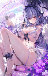 1boy 1girl akizero1510 barefoot bikini breasts character_name commentary_request duplicate feet flower grey_hair highres holding holding_umbrella innertube large_breasts long_hair looking_at_viewer lying mole mole_under_eye on_back paid_reward_available partial_commentary pink_hair pixel-perfect_duplicate pointy_ears pool purple_hair red_eyes short_hair stomach swim_ring swimsuit toes topless_male umbrella underboob vivian_banshee white_bikini wise_(zenless_zone_zero) zenless_zone_zero