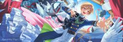 1boy :d absurdres b_zebuk backlighting bird bishounen blue_hat blue_jacket brown_eyes brown_hair bubble character_name collar cowboy_shot curtains dove ensemble_stars! gold_trim hair_between_eyes hand_on_own_chest happy happy_birthday hat highres jacket jewelry looking_ahead male_focus mashiro_tomoya mini_hat open_mouth outstretched_arm pants ring short_hair smile solo teeth unworn_hat unworn_headwear upper_teeth_only white_collar wing_collar