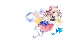 Rule 34 | 1girl, absurdres, ai ke le de xiao hong, alternate costume, bare shoulders, blue hair, boots, bow, bow-shaped hair, breasts, commentary, fingernails, fish, full body, genshin impact, gradient hair, hair ornament, high-waist skirt, highres, hydro symbol (genshin impact), jewelry, long hair, long sleeves, medium breasts, multicolored hair, necklace, open mouth, pearl necklace, pink hair, pink skirt, purple eyes, purple nails, sangonomiya kokomi, simple background, skirt, solo, thigh boots, very long hair, vision (genshin impact), white background, white boots, yellow bow