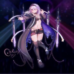 1girl absurdres black_bra black_cape black_panties boots bra breasts cape chain cleavage collarbone cowboy_shot eyes_visible_through_hair grey_hair hair_ornament hair_over_one_eye hairclip highleg highleg_panties highres holding holding_sword holding_weapon long_sleeves looking_at_viewer medium_breasts navel off_shoulder ongeki open_fly panties panty_straps purple_cape red_eyes short_hair short_shorts shorts simple_background solo stomach sumeragi_setsuna sword thighs two-sided_fabric underwear weapon