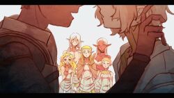3boys 4girls :o absurdres arm_tattoo armor bags_under_eyes bare_shoulders blonde_hair blush braid chest_tattoo choker cithis cloak dark-skinned_female dark_elf dark_skin dungeon_meshi elf face-to-face facial_mark fleki forehead_mark gorget grey_eyes grey_hair hair_around_ear hand_in_another&#039;s_hair highres hood hooded_cloak implied_yaoi jewelry kabru long_hair long_sleeves low_twintails lycion mithrun multiple_boys multiple_girls notched_ear open_mouth otta_(dungeon_meshi) pachix2_corgi pattadol pointy_ears profile raised_eyebrow shirt short_hair simple_background smile surprised tattoo topless_male tunic twintails very_short_hair white_background yellow_eyes