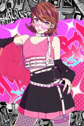 1girl absurdres belt black_jacket black_skirt blush breasts brown_hair choker cleavage commentary contrapposto earrings graffiti heart heart_choker highres jacket jacket_partially_removed jewelry looking_at_viewer may_(may_lee8) o-ring o-ring_belt o-ring_thigh_strap open_clothes open_jacket pantyhose persona persona_3 pink-framed_eyewear pink-tinted_eyewear pink_eyes pink_top pleated_skirt shirt short_hair skirt smile solo stud_earrings takeba_yukari thigh_belt thigh_strap tinted_eyewear white_choker