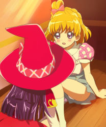 Rule 34 | 2girls, asahina mirai, blonde hair, blush, haruyama kazunori, hat, izayoi liko, long hair, magic school uniform (mahou girls precure!), mahou girls precure!, multiple girls, panties, precure, purple eyes, purple hair, riko (mahou girls precure!), school uniform, short hair, sitting, skirt, socks, train, train interior, underwear, white panties, white socks, witch hat