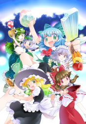 6+girls apron black_dress black_skirt blonde_hair blue_eyes blue_hair bow brown_hair candy_apple catfish cirno colored_eyelashes cup detached_sleeves dress fish food frilled_skirt frills frog frog_mask green_eyes green_hair hair_bow hair_ornament hair_ribbon hair_tubes hakurei_reimu hat hug ice_cream izayoi_sakuya japanese_clothes katana kirisame_marisa kochiya_sanae konpaku_youmu long_skirt miko mizuki_hitoshi multiple_girls namazu_(touhou) open_mouth plate print_skirt purple_eyes purple_skirt red_skirt ribbon sakazuki shirt silver_hair skirt skirt_set smile snake sword touhou weapon witch witch_hat yellow_eyes