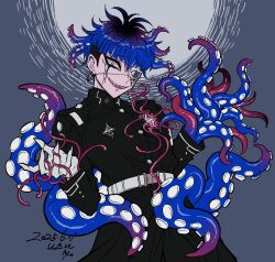 1boy belt black_eyeliner black_hair blue_hair body_horror cowboy_shot cracked_skin dated earrings extra_eyes eye_print eyeliner eyepatch face_piercing fingernails gakuran gloves grey_background grin hands_up hole_in_chest hole_on_body jewelry labret_piercing last_defense_academy_school_uniform looking_at_viewer makeup male_focus monster_boy multicolored_hair omokage_yugamu piercing pink_eyes print_eyepatch red_eyeliner school_uniform sharp_fingernails sharp_teeth short_hair signature slit_pupils smile solo teeth tentacle_arm tentacle_hair tentacles the_hundred_line_-last_defense_academy- two-tone_background uzu_(uzusio55) very_short_hair white_background white_belt