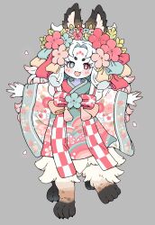 Rule 34 | 010mzam, 1girl, absurdres, animal ears, aqua eyes, aqua nails, blunt sidelocks, borrowed character, bright pupils, colored skin, colored tips, commission, curtained hair, dot nose, facial mark, falling petals, fang, floral print, floral print sleeves, flower, forehead mark, full body, grey background, hair flower, hair ornament, hands up, happy, heterochromia, highres, long hair, long sleeves, middle part, mismatched eyebrows, multicolored hair, open mouth, original, outstretched arms, petals, petite, pink hair, rabbit ears, red eyes, red nails, second-party source, short eyebrows, sidelocks, simple background, smile, solo, standing, standing on one leg, straight-on, tachi-e, taur, white fur, white hair, white petals, white pupils, white skin, wide sleeves