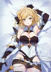 1girl 2025 absurdres bed_sheet blonde_hair braid breasts brown_eyes dated detached_sleeves djeeta_(granblue_fantasy) elbow_gloves gloves granblue_fantasy highres large_breasts lying medium_hair mochiko_tsuru on_back on_bed relic_buster_(granblue_fantasy) sheet_grab signature solo