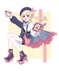 1girl artist_name blonde_hair blush book boots cloak commentary_request earrings fang full_body hair_bun hat high_heels highres holding holding_book holding_pen jewelry kisaragi_hina natori_sana natori_sana_(isekai_pun_summoner) open_book open_mouth pantyhose pen red_eyes sana_channel solo virtual_youtuber white_pantyhose