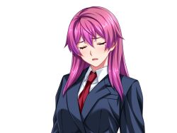 1girl black_jacket blue_jacket blush closed_eyes collared_shirt crying formal_clothes gentle_sasaki hair_between_eyes jacket long_hair necktie non-web_source open_mouth pink_hair purple_hair red_necktie shindou_hatsune shirt solo soukou_senki_prism_reica suit tears transparent_background upper_body white_shirt