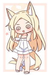 1girl :d @_@ absurdres animal_ear_fluff animal_ears bare_arms bare_shoulders blonde_hair blue_archive blush bow brown_background chibi collarbone cup dress facing_viewer forehead fox_ears fox_girl fox_tail full_body halo hana_kazari hand_up highres holding holding_cup long_hair open_mouth parted_bangs sandals seia_(blue_archive) sleeveless sleeveless_dress smile solo standing star_(symbol) tail tail_bow tail_ornament two-tone_background v-shaped_eyebrows very_long_hair white_background white_bow white_dress white_sandals