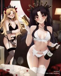 2girls artist_name bed black_bra black_gloves black_hair black_panties blonde_hair blurry blurry_foreground blush bottle box box_of_chocolates bra breasts candle chair cookie cup curtains cushion depth_of_field desk_lamp drinking_glass earrings embarrassed ereshkigal_(fate) fate/grand_order fate_(series) food garter_belt garter_straps gloves hair_ribbon highres holding hoop_earrings indoors ishtar_(fate) jewelry lace lace-trimmed_bra lace-trimmed_panties lace_trim lamp lingerie long_hair looking_at_viewer looking_to_the_side medium_breasts multiple_girls navel panties parted_bangs parted_lips petals red_eyes ribbon rose_petals tiara twitter_username two_side_up underwear underwear_only valentine vase very_long_hair watermark white_bra white_gloves white_panties wine_bottle wine_glass xkzan