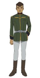1boy belt boots brown_boots brown_eyes brown_hair dark_skin epaulettes full_body gundam gundam_gquuuuuux hand_on_own_hip highres looking_at_viewer male_focus military_uniform official_art osillo pants pompadour short_hair simple_background smile solo standing transparent_background tunic white_pants zeon
