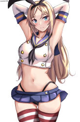 Rule 34 | 1girl, absurdres, arms behind head, black hairband, black neckerchief, black panties, blonde hair, blue eyes, blue sailor collar, blue skirt, blush, breasts, cosplay, crop top, elbow gloves, gloves, hairband, highleg, highleg panties, highres, kantai collection, large breasts, long hair, looking at viewer, microskirt, mizuki (uzuki no sato), neckerchief, nelson (kancolle), one-hour drawing challenge, panties, sailor collar, shimakaze (kancolle), shimakaze (kancolle) (cosplay), skirt, solo, striped clothes, striped thighhighs, thighhighs, underwear, white gloves