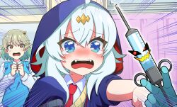 3girls ahoge anime_coloring aqua_hair artist_request black_hood black_skirt blue_eyes blue_hood blue_vest blush breasts close-up colored_inner_hair curtains dragon_musume_ni_naritakunai! duel_masters emphasis_lines fang gloves green_hair hair_ornament hairpin highres holding holding_syringe hood hooded_jacket hoodie indoors infirmary jacket kumada_suzu long_hair long_sleeves medium_hair multicolored_hair multiple_girls nagareboshi_asche necktie official_art open_clothes open_jacket open_mouth outstretched_arm plaid_clothes plaid_skirt pov pov_hands red_necktie red_ribbon ribbon rubber_gloves scared school_uniform shirt sidelocks skirt sleeve_rolled_up sleeves_past_fingers sleeves_past_wrists sweater_vest syringe tears teeth upper_body upper_teeth_only vest white_hair white_shirt yellow_eyes yellow_vest