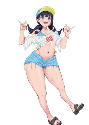 1girl ari_87 baseball_cap bikini black_hair blue_bikini blue_eyes bracelet breasts cleavage denim denim_shorts gridman_universe hair_ornament hair_scrunchie hat highleg highleg_bikini highres holding jewelry long_hair looking_at_viewer medium_breasts navel official_alternate_costume open_mouth pants scrunchie see-through_clothes see-through_shirt shirt shorts ssss.gridman stomach swimsuit takarada_rikka thick_thighs thighs tied_shirt twintails white_background white_shirt wide_hips