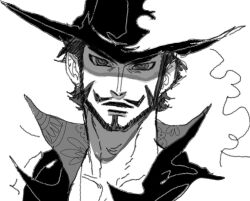 1boy beard closed_mouth commentary_request dracule_mihawk facial_hair greyscale hat_feather high_collar juugagon looking_at_viewer male_focus monochrome mustache one_piece ringed_eyes short_hair solo upper_body