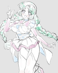 1girl absurdres blush braid breasts canal_vorfeed covered_erect_nipples facial_mark forehead_mark garter_straps green_hair highres large_breasts long_hair looking_at_viewer lost_universe niko_(tama) open_mouth panties perky_breasts purple_eyes simple_background skirt smile solo thighhighs twin_braids underwear very_long_hair white_panties