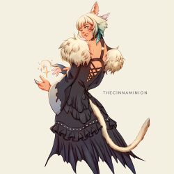 1girl animal_ears artist_name black_dress black_gloves cat_ears cat_tail commentary dress english_commentary facial_mark final_fantasy final_fantasy_xiv from_behind fur-trimmed_dress fur_trim gloves looking_at_viewer looking_back looking_to_the_side magic miqo&#039;te parted_lips partially_fingerless_gloves short_hair simple_background single_glove solo sparkle tail thar_chandran white_hair y&#039;shtola_rhul