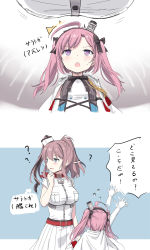 Rule 34 | 2girls, :d, ahoge, azur lane, bad id, bad pixiv id, blue eyes, breast pocket, breasts, brown hair, clothes on shoulders, cnm, crossover, hairband, headgear, high side ponytail, highres, historical name connection, kantai collection, long hair, military, military uniform, multiple girls, name connection, naval uniform, open mouth, pocket, ponytail, purple eyes, purple hair, saratoga (azur lane), saratoga (kancolle), scarf, size difference, smile, speech bubble, sweat, translation request
