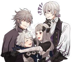 2boys 2girls :d ahoge anger_vein black_gloves blunt_bangs braid brothers commentary_request dwyer_(fire_emblem) family father_and_son fe_rune female_corrin_(fire_emblem) fire_emblem fire_emblem_fates gloves grey_hair happy highres jakob_(fire_emblem) long_hair looking_back male_kana_(fire_emblem) mother_and_son multiple_boys multiple_girls nintendo open_mouth pointy_ears red_eyes short_hair siblings simple_background smile teeth tongue upper_teeth_only white_background white_hair