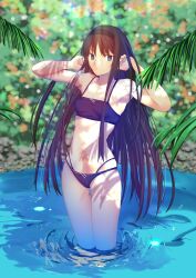 Rule 34 | 1girl, absurdres, bare arms, bare legs, bare shoulders, bikini, blue eyes, breasts, closed mouth, highres, iro (sekaixiro), looking at viewer, palm tree, shadow, simple background, small breasts, standing, swimsuit, tohno akiha, tree, tsukihime, tsukihime (remake), water