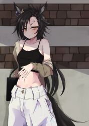 1girl air_shakur_(umamusume) alternate_costume animal_ears bag bare_shoulders black_hair black_nails black_tank_top blush book-16key breasts brown_jacket cleavage closed_mouth cowboy_shot ear_ornament ear_piercing eyebrow_piercing handbag highres horse_ears horse_girl horse_tail jacket jacket_partially_removed long_hair looking_at_viewer pants piercing small_breasts solo tail tank_top umamusume v-shaped_eyebrows very_long_hair white_pants yellow_eyes