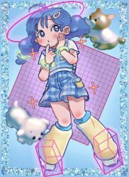1girl ahoge blue_background blue_hair blue_shorts bracelet child commentary_request dog full_body glitter hairstyle_request halo highres jewelry leg_warmers long_hair low-tied_long_hair low_poly medium_hair original plaid_clothes plaid_shorts poin_(goruchopame) purple_eyes shirt shorts solo vest white_shirt