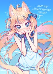 1girl animal_ear_fluff animal_ears blonde_hair blue_eyes blue_hair blue_neckerchief blue_ribbon blue_sailor_collar blush bracelet cat_ears dress english_text fins fish_tail frilled_dress frills hair_ribbon hands_on_own_cheeks hands_on_own_face highres indie_virtual_youtuber jewelry long_hair looking_at_viewer low_twintails multicolored_hair neckerchief open_mouth ribbon sailor_collar sameko_saba shark_tail sleeveless sleeveless_dress solo streaked_hair tail tuiffff twintails two-tone_hair two_side_up very_long_hair virtual_youtuber white_dress