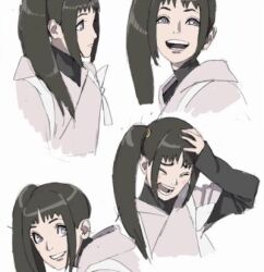 1girl blush brown_hair concept_art multiple_expressions facial_expressions female_focus grey_eyes hand_on_own_head happy japanese_clothes kara_(star_wars) kimono lowres multiple_views official_art open_mouth ponytail production_i.g production_ig ribbon short_hair side_ponytail sideways silly_face sketch smile star_wars star_wars:_visions teeth tongue white_background