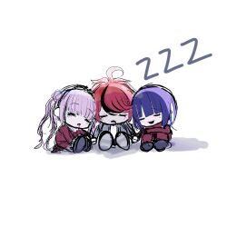 absurdres black_hair brother_and_sister chibi chibi_only eyelashes hair_between_eyes highres holding_hands long_hair multicolored_hair open_mouth pants pink_hair purple_hair red_hair red_pants red_shirt shirt siblings simple_background sleeping sumino_takumi the_hundred_line_-last_defense_academy- tsukumo_ima tsukumo_kako twins twintails white_background